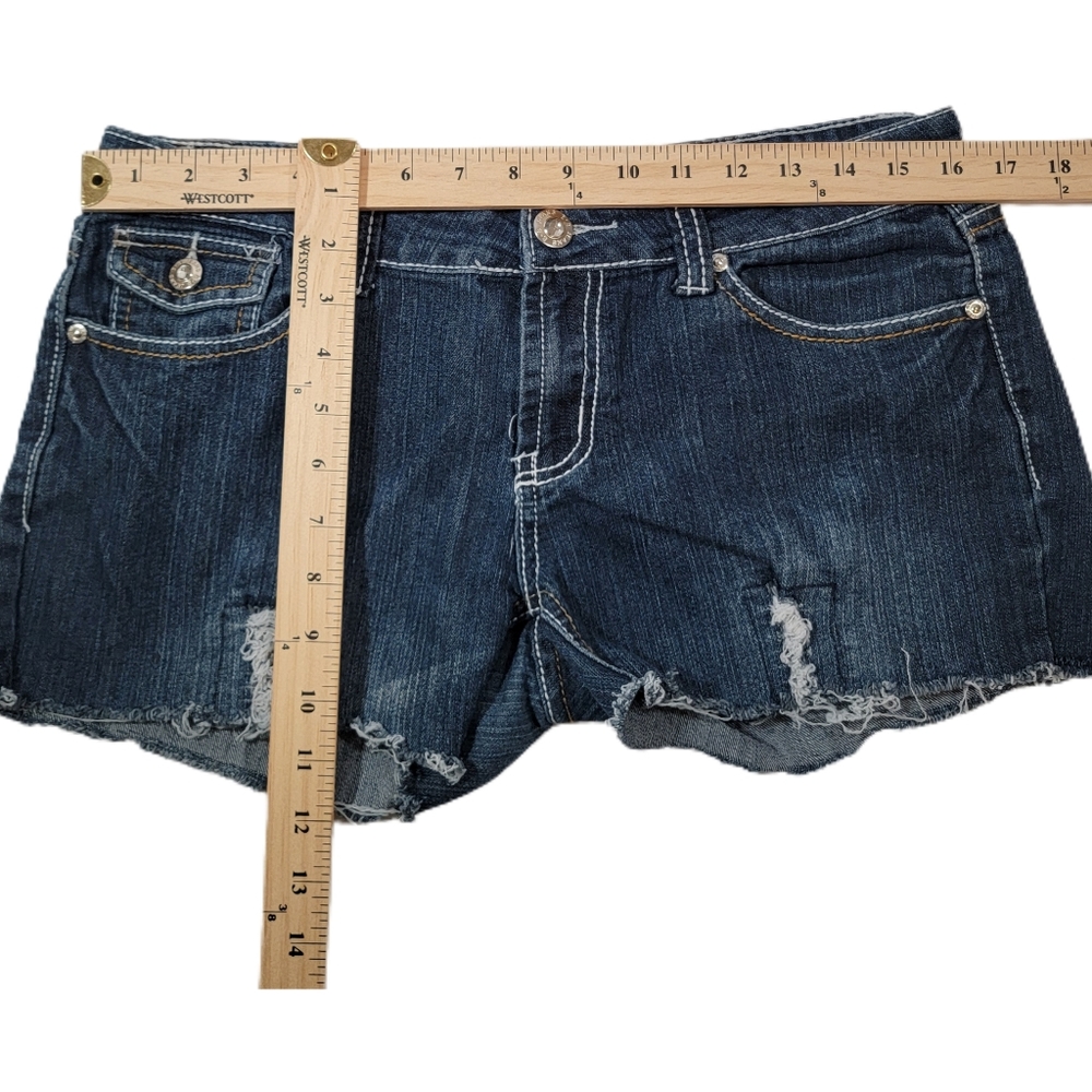 BB JEANS Denim Shorts Size 11 Dark Washed Distressed Bling Pockets - Picture 3 of 5